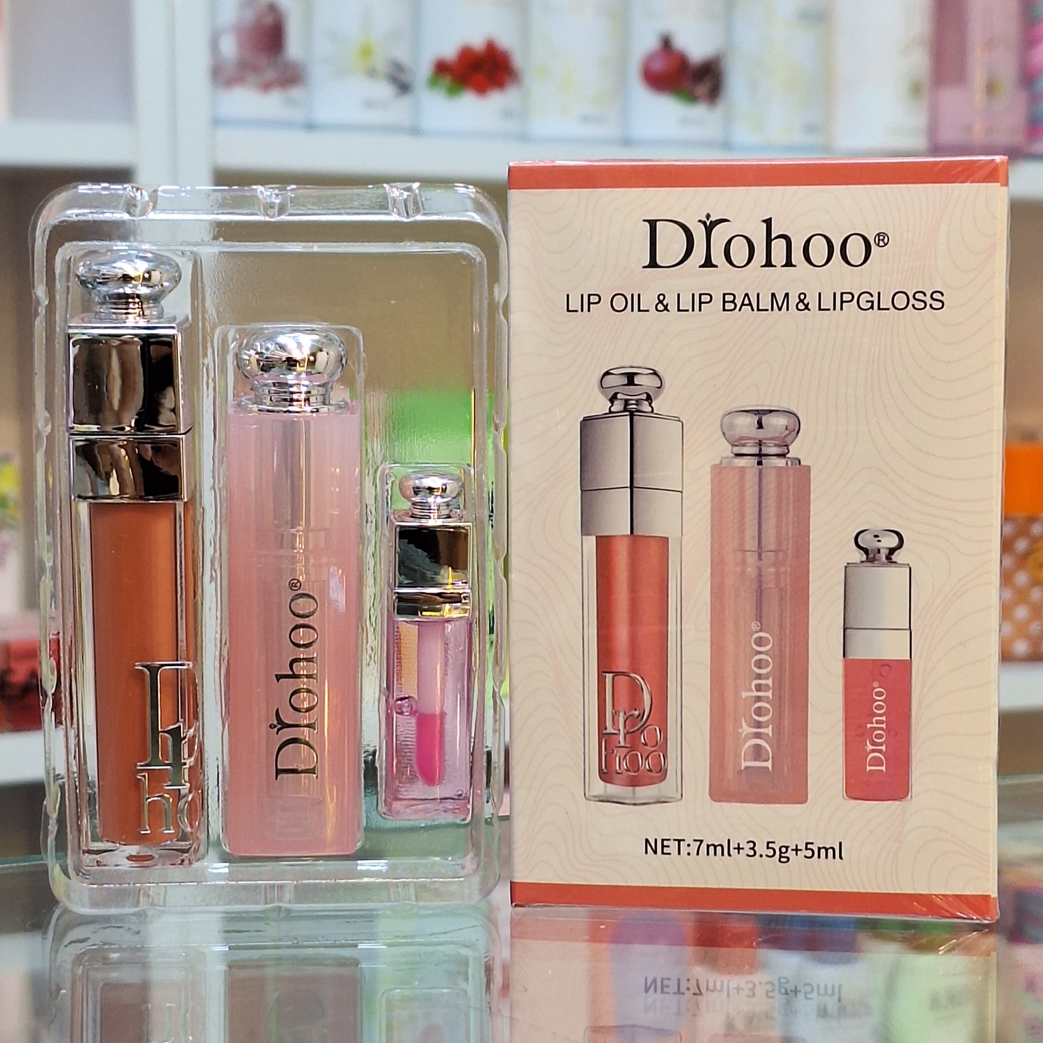پک سه تایی لیپ گلاس و بالم لب و برق لب حرارتی طرح دیور دورهو Drohoo